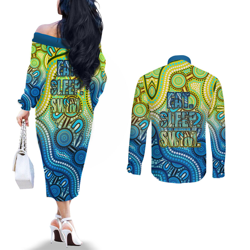Australia National Swimming Team Couples Matching Off The Shoulder Long Sleeve Dress and Long Sleeve Button Shirt Aboriginal Dot Art Ocean Wave Pattern