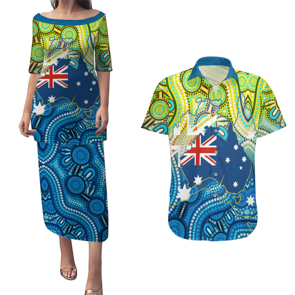 Australia National Swimming Team Couples Matching Puletasi and Hawaiian Shirt Aboriginal Dot Art Ocean Wave Pattern