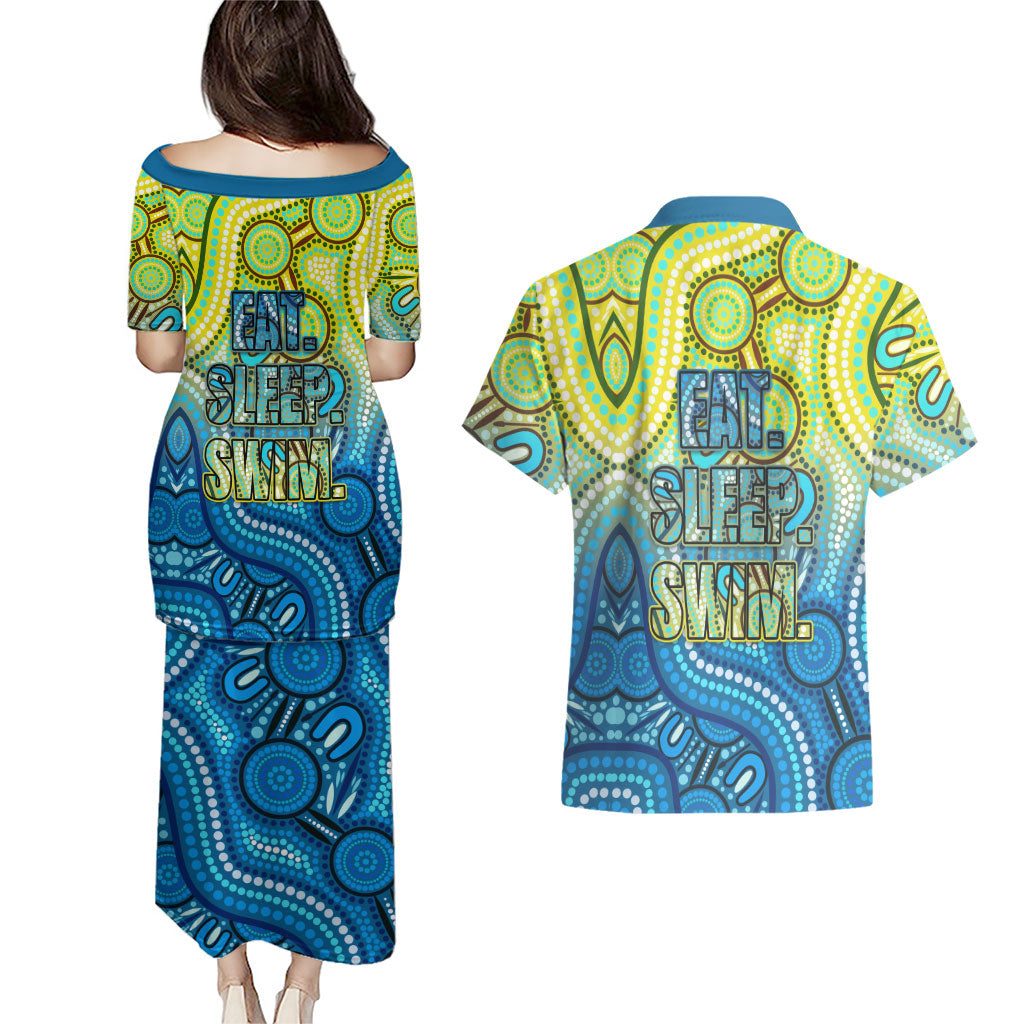 Australia National Swimming Team Couples Matching Puletasi and Hawaiian Shirt Aboriginal Dot Art Ocean Wave Pattern