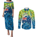 Australia National Swimming Team Couples Matching Puletasi and Long Sleeve Button Shirt Aboriginal Dot Art Ocean Wave Pattern