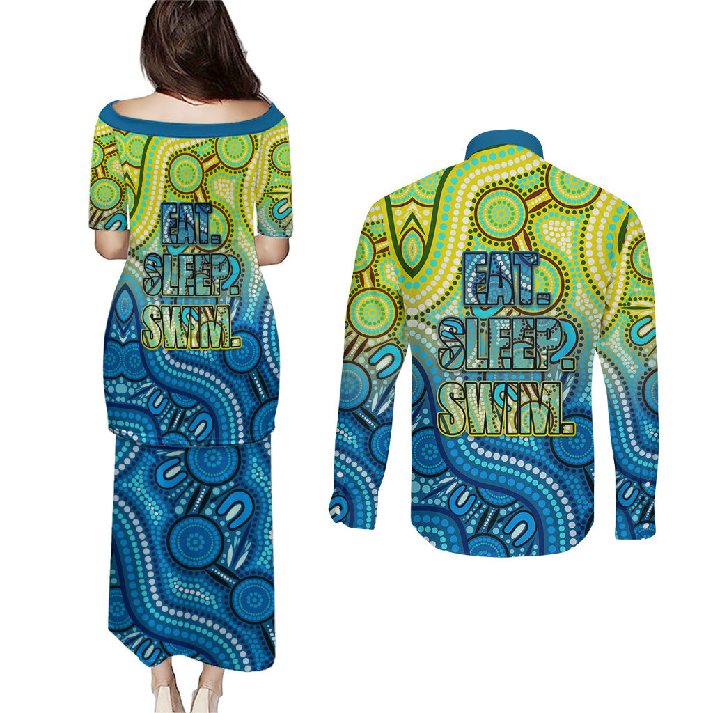 Australia National Swimming Team Couples Matching Puletasi and Long Sleeve Button Shirt Aboriginal Dot Art Ocean Wave Pattern