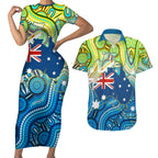 Australia National Swimming Team Couples Matching Short Sleeve Bodycon Dress and Hawaiian Shirt Aboriginal Dot Art Ocean Wave Pattern