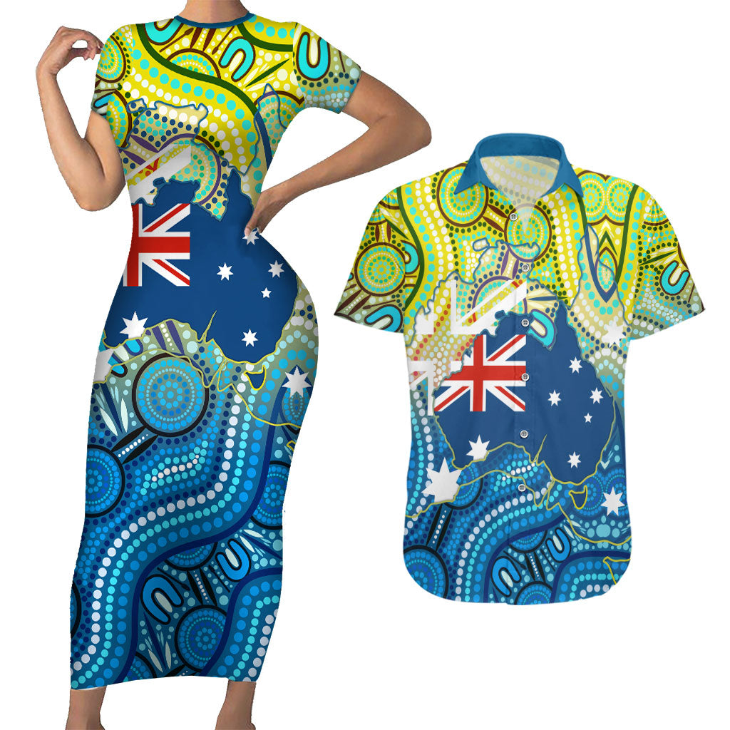 Australia National Swimming Team Couples Matching Short Sleeve Bodycon Dress and Hawaiian Shirt Aboriginal Dot Art Ocean Wave Pattern