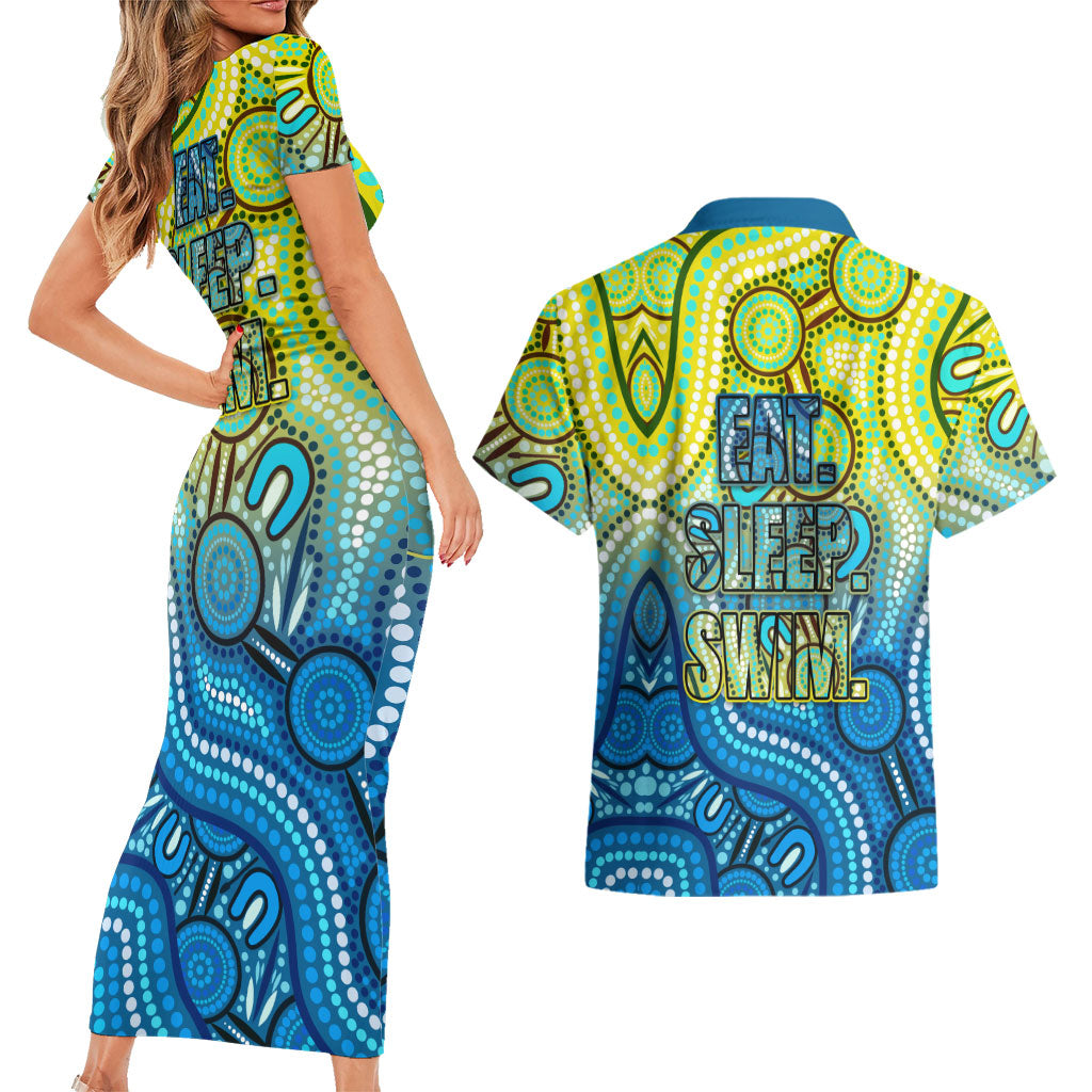 Australia National Swimming Team Couples Matching Short Sleeve Bodycon Dress and Hawaiian Shirt Aboriginal Dot Art Ocean Wave Pattern