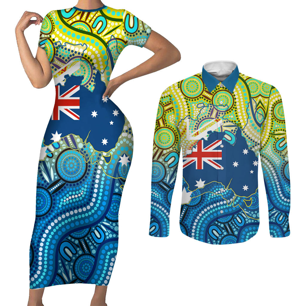 Australia National Swimming Team Couples Matching Short Sleeve Bodycon Dress and Long Sleeve Button Shirt Aboriginal Dot Art Ocean Wave Pattern