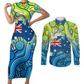 Australia National Swimming Team Couples Matching Short Sleeve Bodycon Dress and Long Sleeve Button Shirt Aboriginal Dot Art Ocean Wave Pattern