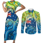 Australia National Swimming Team Couples Matching Short Sleeve Bodycon Dress and Long Sleeve Button Shirt Aboriginal Dot Art Ocean Wave Pattern