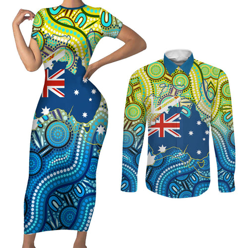 Australia National Swimming Team Couples Matching Short Sleeve Bodycon Dress and Long Sleeve Button Shirt Aboriginal Dot Art Ocean Wave Pattern