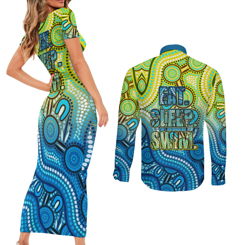 Australia National Swimming Team Couples Matching Short Sleeve Bodycon Dress and Long Sleeve Button Shirt Aboriginal Dot Art Ocean Wave Pattern