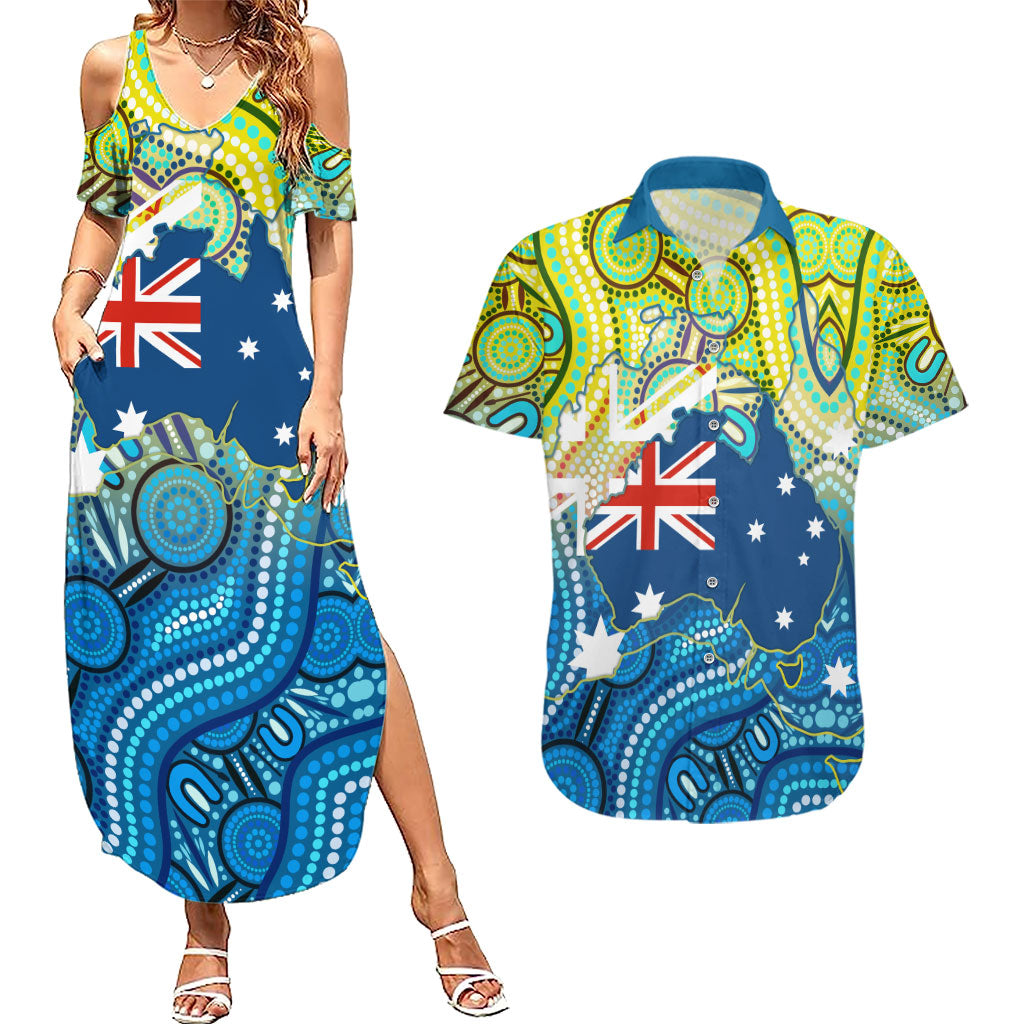 Australia National Swimming Team Couples Matching Summer Maxi Dress and Hawaiian Shirt Aboriginal Dot Art Ocean Wave Pattern