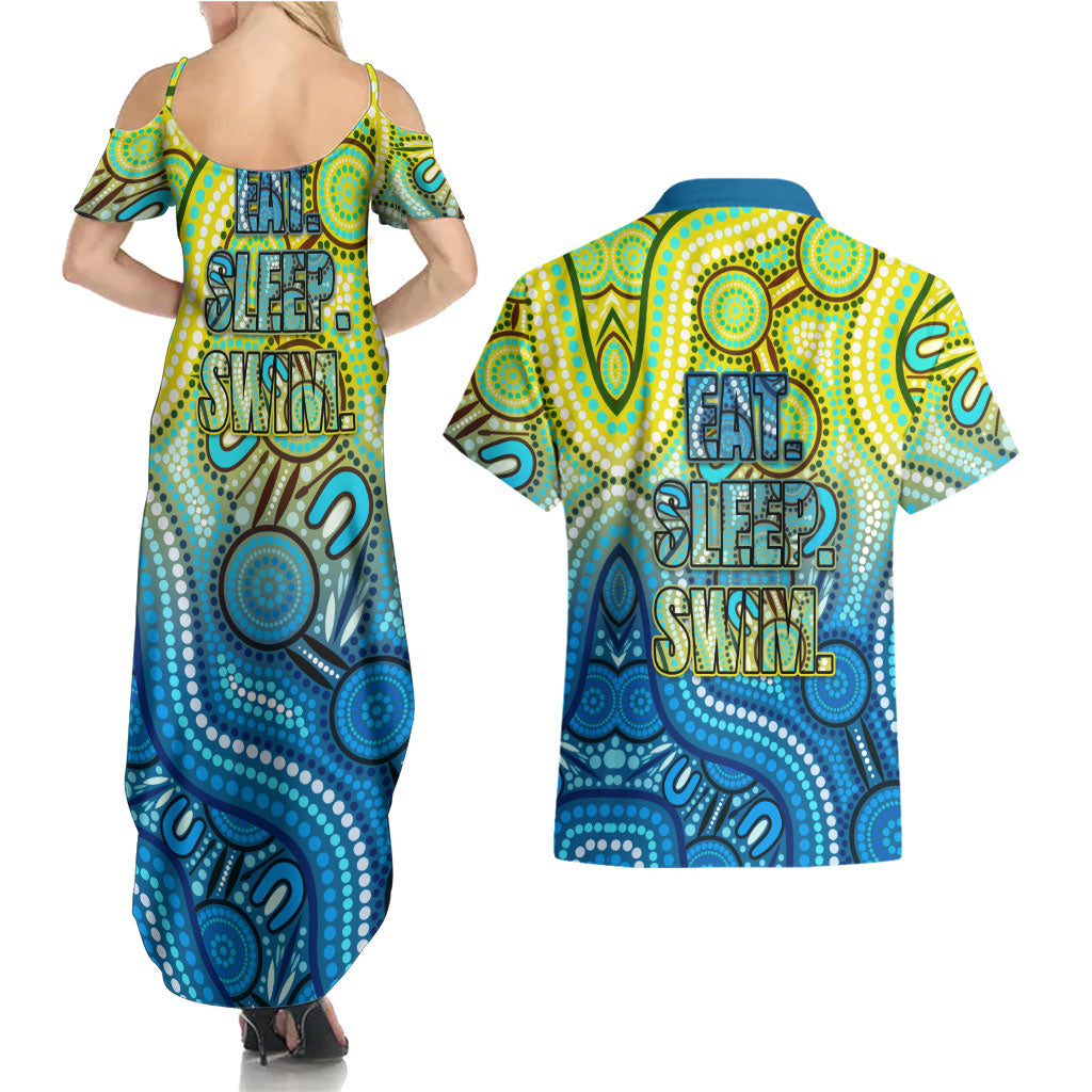 Australia National Swimming Team Couples Matching Summer Maxi Dress and Hawaiian Shirt Aboriginal Dot Art Ocean Wave Pattern