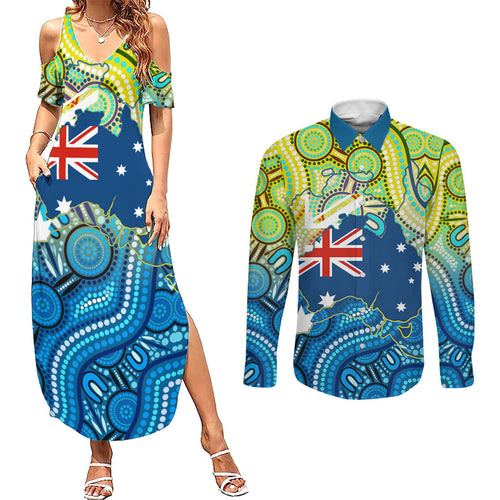 Australia National Swimming Team Couples Matching Summer Maxi Dress and Long Sleeve Button Shirt Aboriginal Dot Art Ocean Wave Pattern