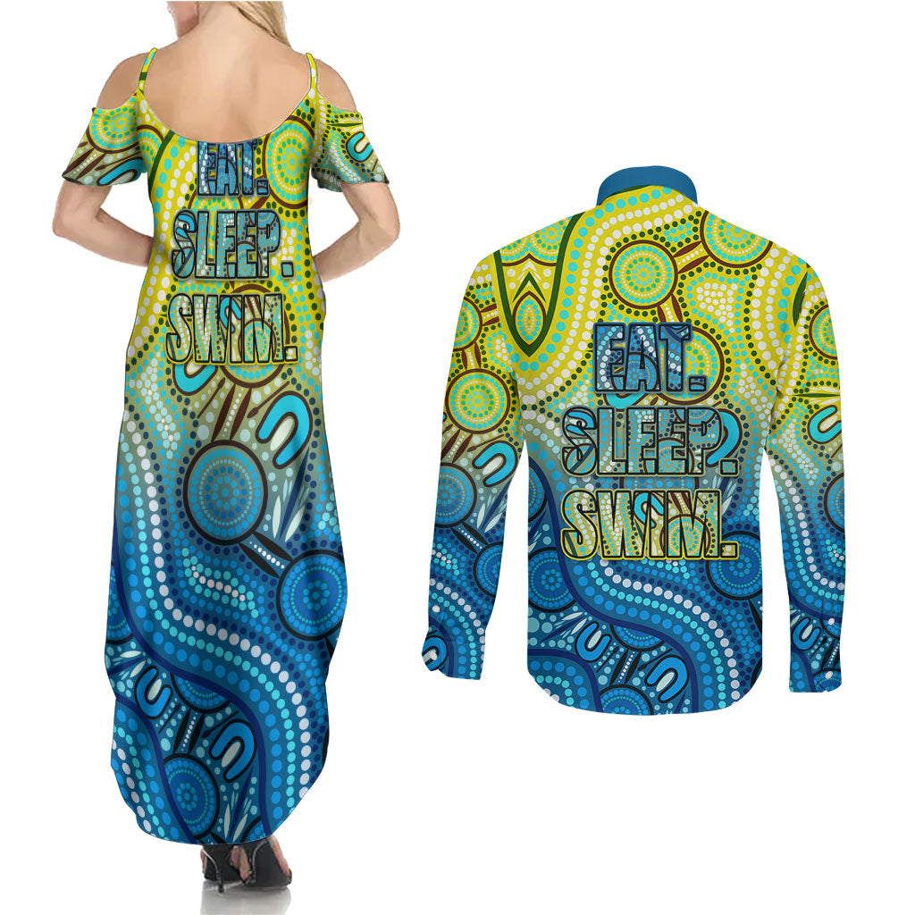 Australia National Swimming Team Couples Matching Summer Maxi Dress and Long Sleeve Button Shirt Aboriginal Dot Art Ocean Wave Pattern