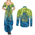 Australia National Swimming Team Couples Matching Summer Maxi Dress and Long Sleeve Button Shirt Aboriginal Dot Art Ocean Wave Pattern
