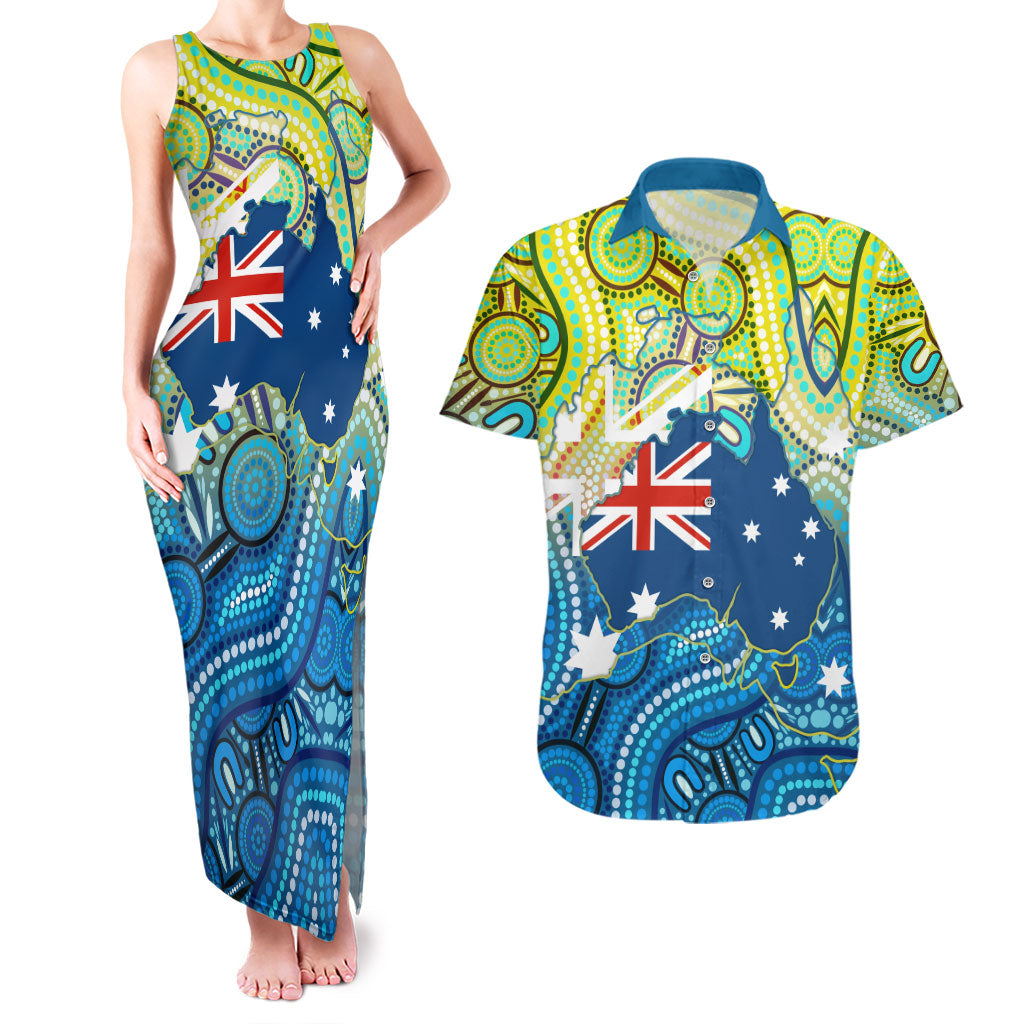 Australia National Swimming Team Couples Matching Tank Maxi Dress and Hawaiian Shirt Aboriginal Dot Art Ocean Wave Pattern