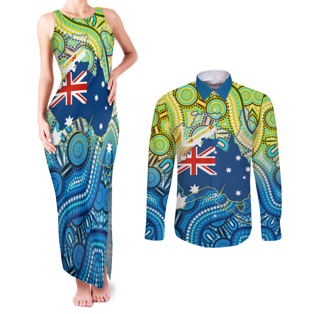 Australia National Swimming Team Couples Matching Tank Maxi Dress and Long Sleeve Button Shirt Aboriginal Dot Art Ocean Wave Pattern