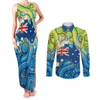 Australia National Swimming Team Couples Matching Tank Maxi Dress and Long Sleeve Button Shirt Aboriginal Dot Art Ocean Wave Pattern