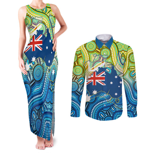 Australia National Swimming Team Couples Matching Tank Maxi Dress and Long Sleeve Button Shirt Aboriginal Dot Art Ocean Wave Pattern