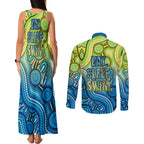 Australia National Swimming Team Couples Matching Tank Maxi Dress and Long Sleeve Button Shirt Aboriginal Dot Art Ocean Wave Pattern