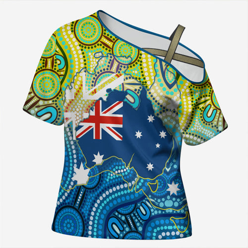 Australia National Swimming Team Cross Shoulder Shirt Aboriginal Dot Art Ocean Wave Pattern