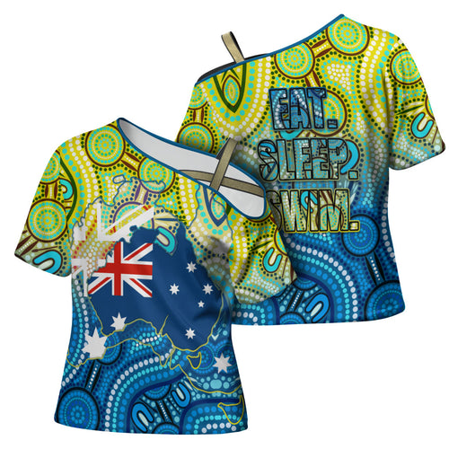 Australia National Swimming Team Cross Shoulder Shirt Aboriginal Dot Art Ocean Wave Pattern