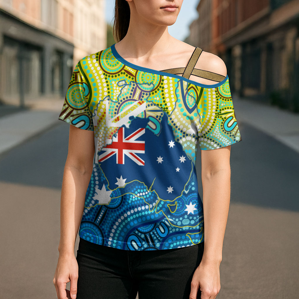 Australia National Swimming Team Cross Shoulder Shirt Aboriginal Dot Art Ocean Wave Pattern