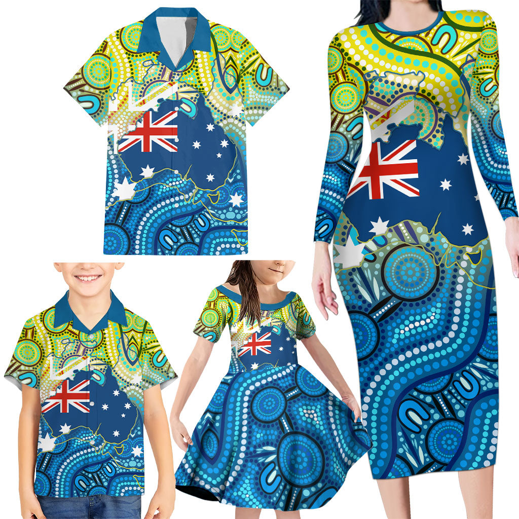 Australia National Swimming Team Family Matching Long Sleeve Bodycon Dress and Hawaiian Shirt Aboriginal Dot Art Ocean Wave Pattern