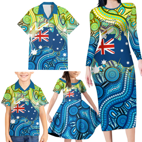 Australia National Swimming Team Family Matching Long Sleeve Bodycon Dress and Hawaiian Shirt Aboriginal Dot Art Ocean Wave Pattern