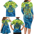 Australia National Swimming Team Family Matching Long Sleeve Bodycon Dress and Hawaiian Shirt Aboriginal Dot Art Ocean Wave Pattern