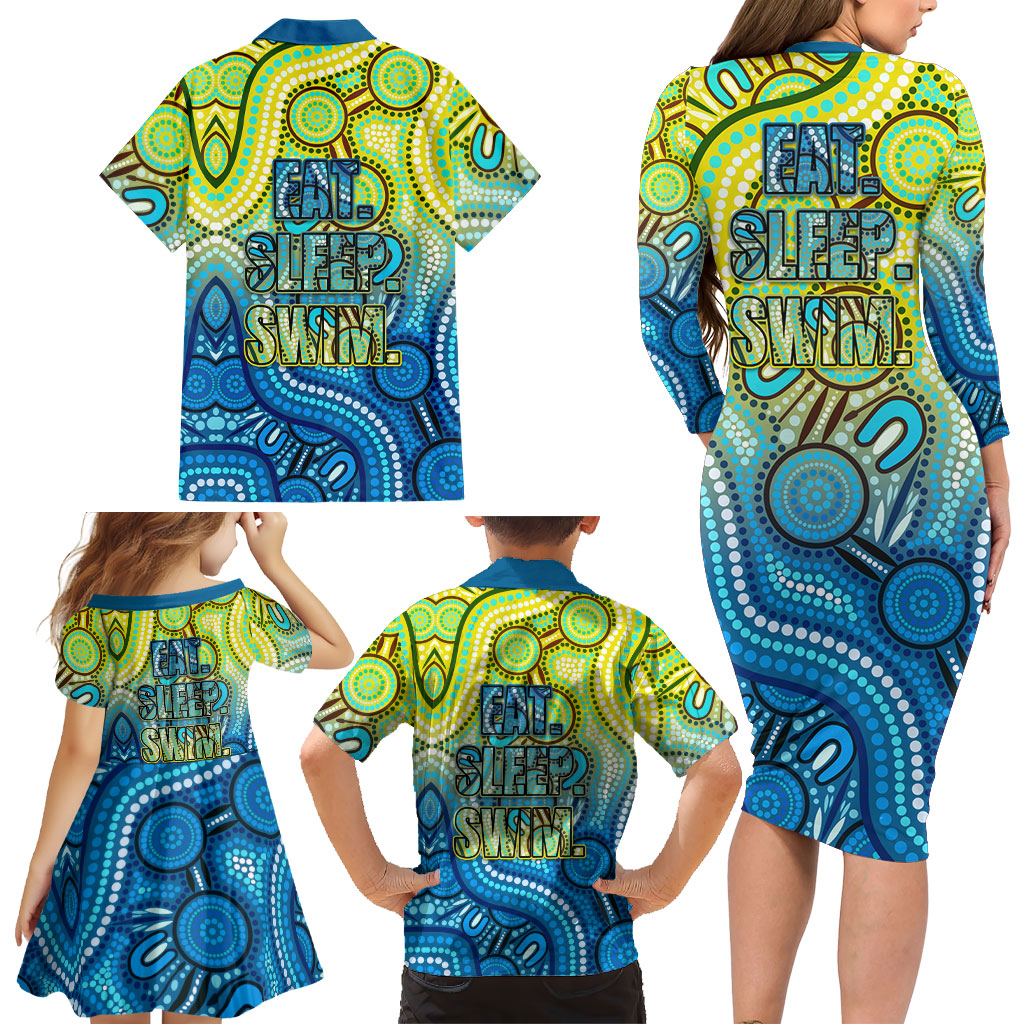 Australia National Swimming Team Family Matching Long Sleeve Bodycon Dress and Hawaiian Shirt Aboriginal Dot Art Ocean Wave Pattern