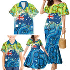 Australia National Swimming Team Family Matching Mermaid Dress and Hawaiian Shirt Aboriginal Dot Art Ocean Wave Pattern