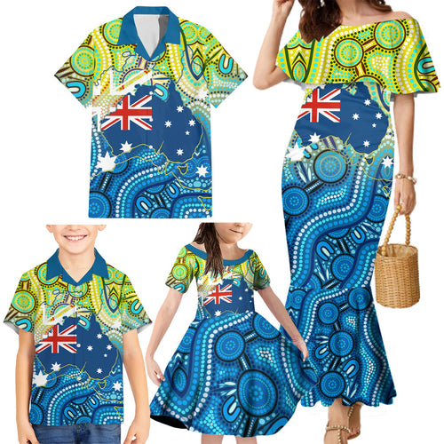 Australia National Swimming Team Family Matching Mermaid Dress and Hawaiian Shirt Aboriginal Dot Art Ocean Wave Pattern