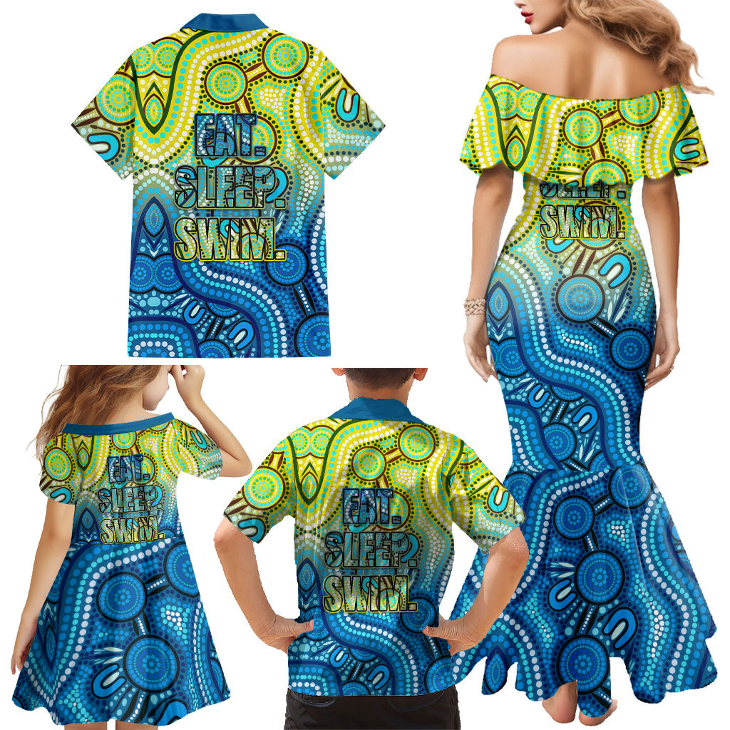 Australia National Swimming Team Family Matching Mermaid Dress and Hawaiian Shirt Aboriginal Dot Art Ocean Wave Pattern
