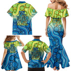 Australia National Swimming Team Family Matching Mermaid Dress and Hawaiian Shirt Aboriginal Dot Art Ocean Wave Pattern