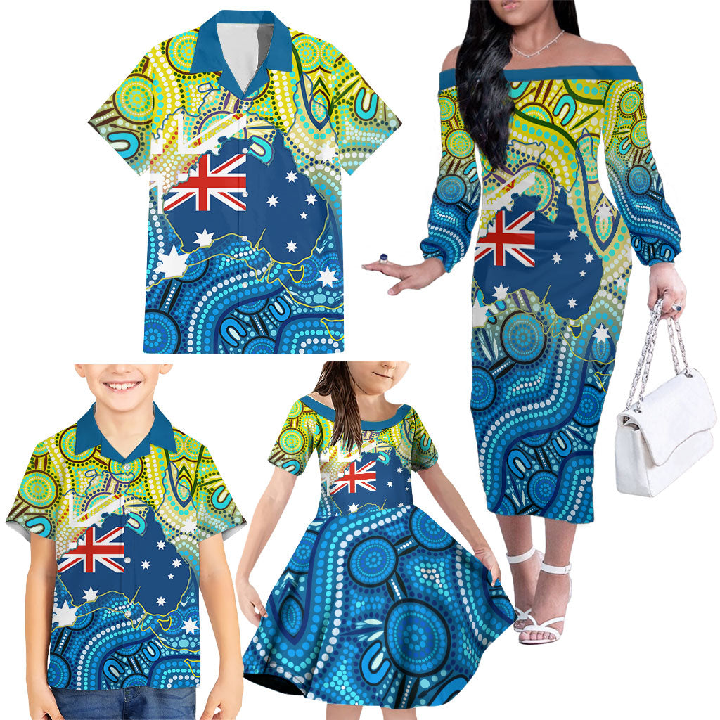 Australia National Swimming Team Family Matching Off The Shoulder Long Sleeve Dress and Hawaiian Shirt Aboriginal Dot Art Ocean Wave Pattern