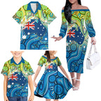 Australia National Swimming Team Family Matching Off The Shoulder Long Sleeve Dress and Hawaiian Shirt Aboriginal Dot Art Ocean Wave Pattern