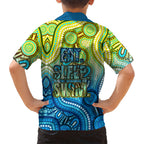 Australia National Swimming Team Family Matching Off The Shoulder Long Sleeve Dress and Hawaiian Shirt Aboriginal Dot Art Ocean Wave Pattern