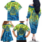 Australia National Swimming Team Family Matching Off The Shoulder Long Sleeve Dress and Hawaiian Shirt Aboriginal Dot Art Ocean Wave Pattern