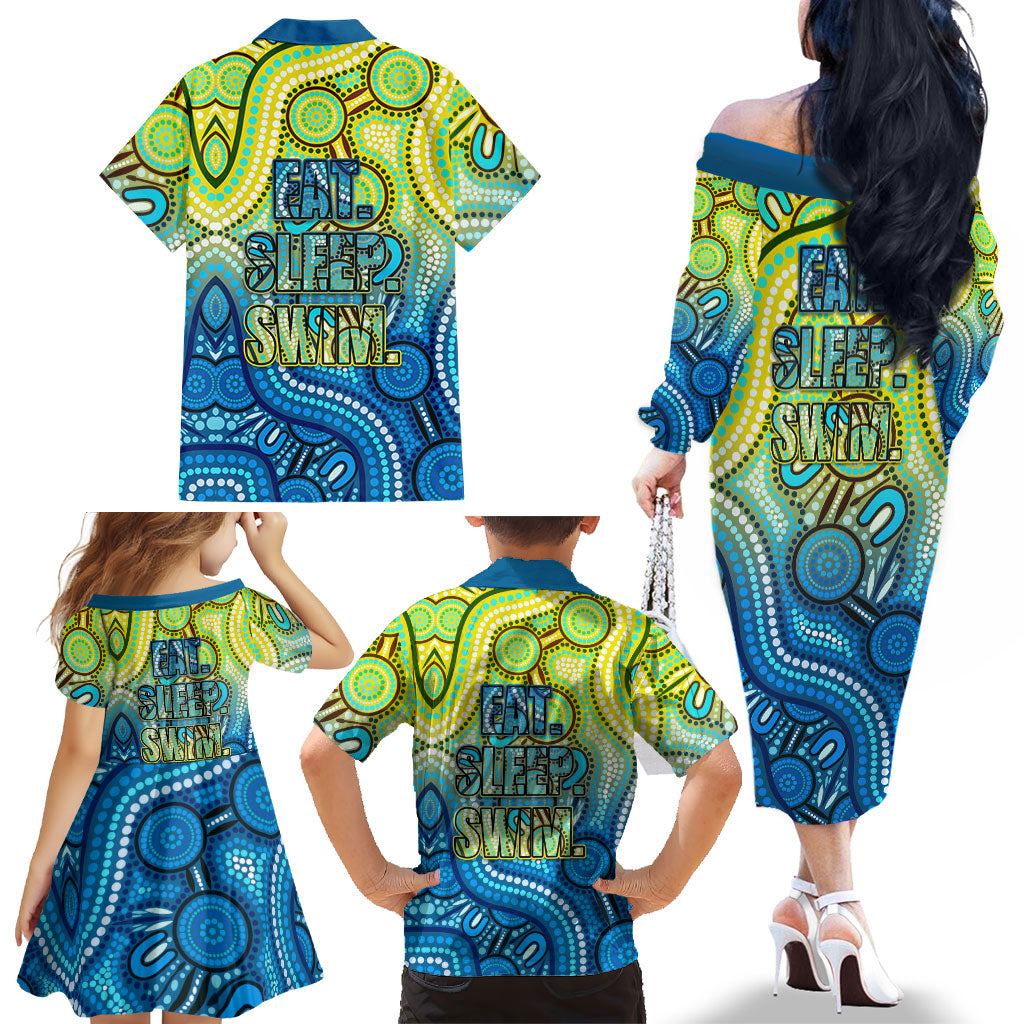 Australia National Swimming Team Family Matching Off The Shoulder Long Sleeve Dress and Hawaiian Shirt Aboriginal Dot Art Ocean Wave Pattern