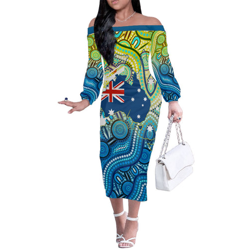 Australia National Swimming Team Family Matching Off The Shoulder Long Sleeve Dress and Hawaiian Shirt Aboriginal Dot Art Ocean Wave Pattern