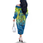 Australia National Swimming Team Family Matching Off The Shoulder Long Sleeve Dress and Hawaiian Shirt Aboriginal Dot Art Ocean Wave Pattern