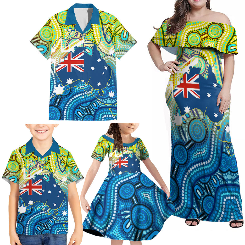 Australia National Swimming Team Family Matching Off Shoulder Maxi Dress and Hawaiian Shirt Aboriginal Dot Art Ocean Wave Pattern