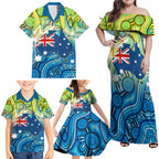 Australia National Swimming Team Family Matching Off Shoulder Maxi Dress and Hawaiian Shirt Aboriginal Dot Art Ocean Wave Pattern