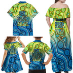 Australia National Swimming Team Family Matching Off Shoulder Maxi Dress and Hawaiian Shirt Aboriginal Dot Art Ocean Wave Pattern