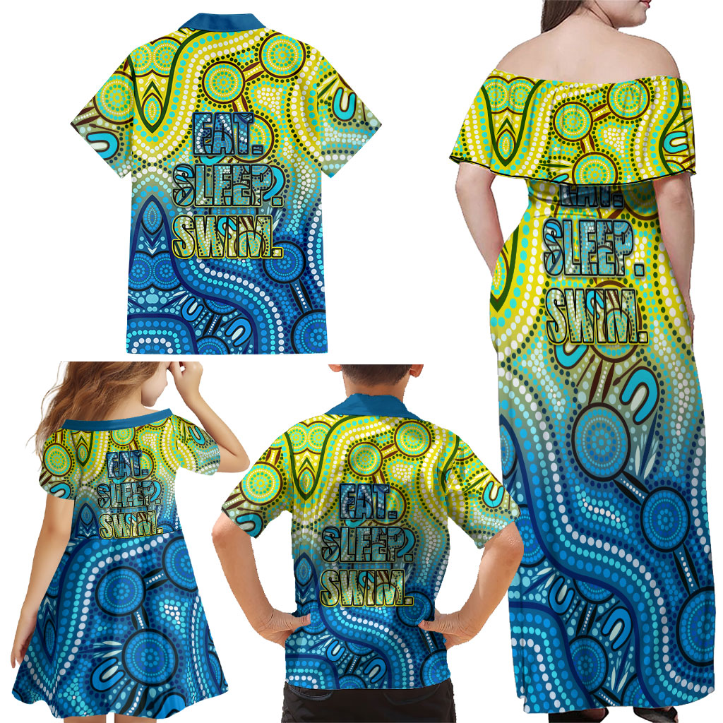 Australia National Swimming Team Family Matching Off Shoulder Maxi Dress and Hawaiian Shirt Aboriginal Dot Art Ocean Wave Pattern