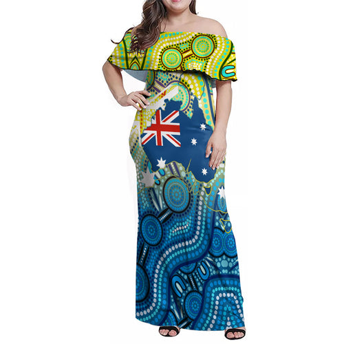 Australia National Swimming Team Family Matching Off Shoulder Maxi Dress and Hawaiian Shirt Aboriginal Dot Art Ocean Wave Pattern