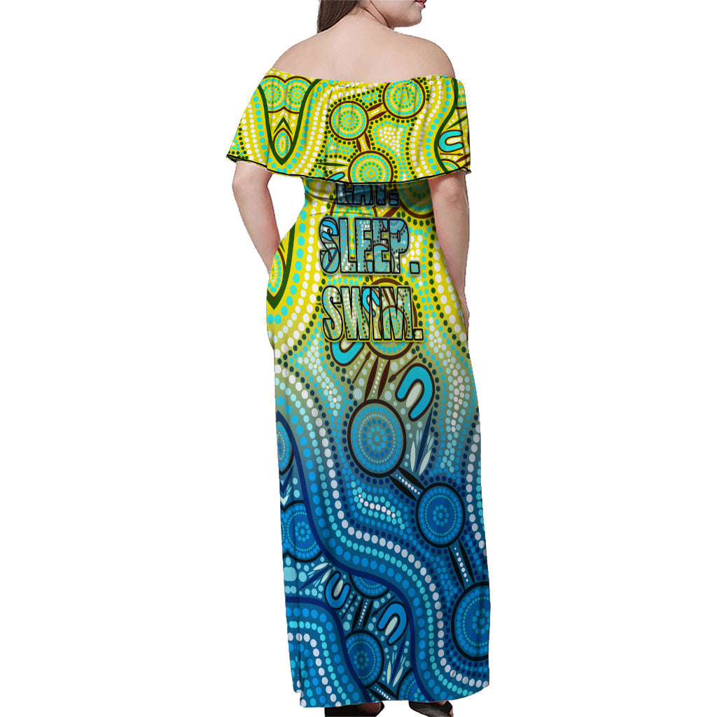 Australia National Swimming Team Family Matching Off Shoulder Maxi Dress and Hawaiian Shirt Aboriginal Dot Art Ocean Wave Pattern