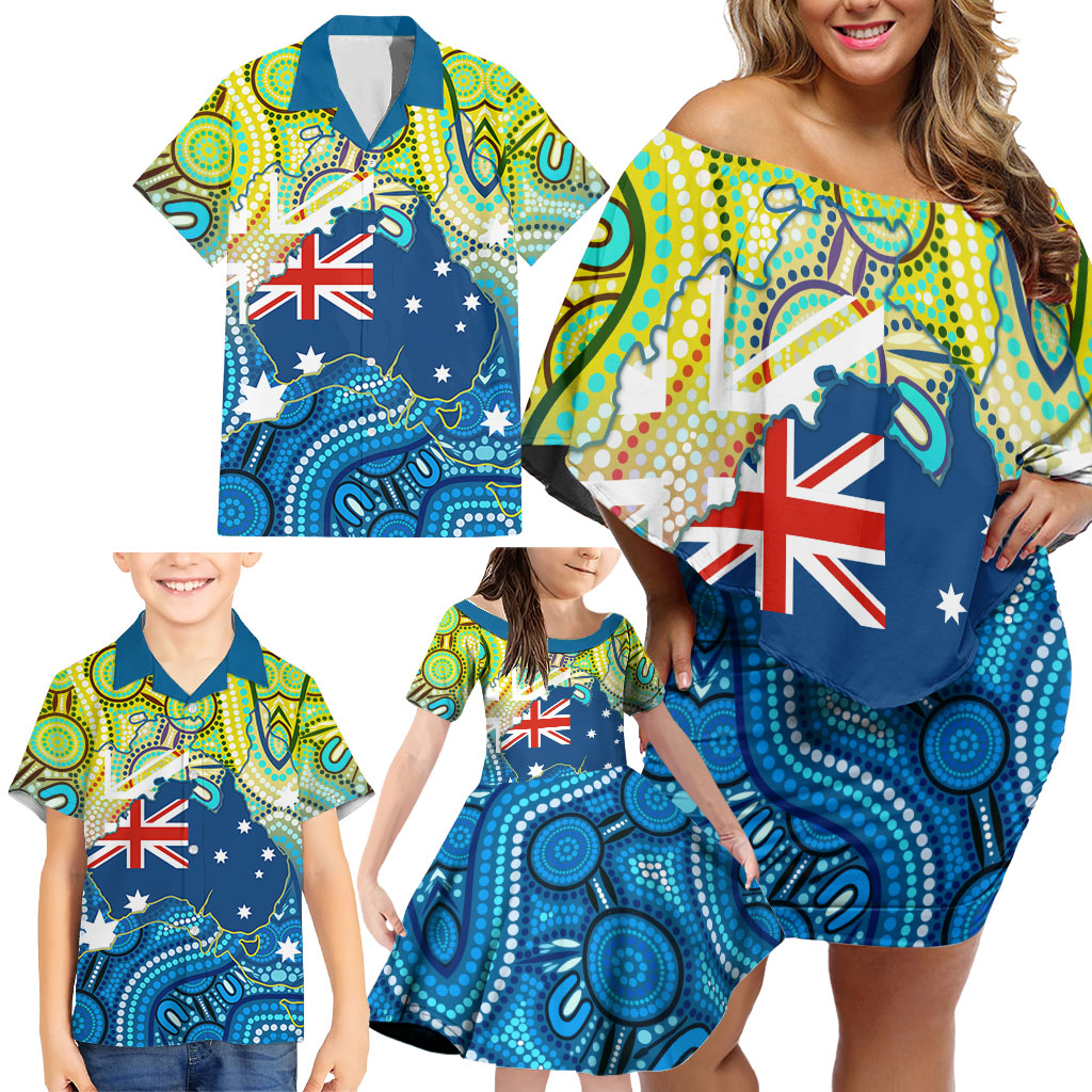 Australia National Swimming Team Family Matching Off Shoulder Short Dress and Hawaiian Shirt Aboriginal Dot Art Ocean Wave Pattern