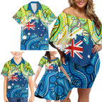 Australia National Swimming Team Family Matching Off Shoulder Short Dress and Hawaiian Shirt Aboriginal Dot Art Ocean Wave Pattern