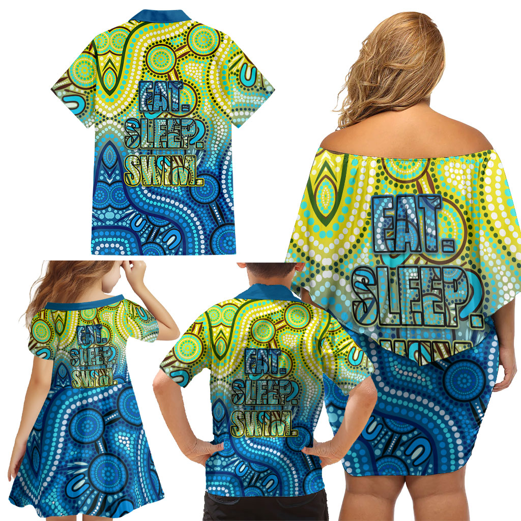 Australia National Swimming Team Family Matching Off Shoulder Short Dress and Hawaiian Shirt Aboriginal Dot Art Ocean Wave Pattern